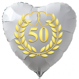 Herzballon aus Folie, 50 mit goldenem Kranz und goldenen Herzen, weiß, mit Ballongas Helium, Dekoration Goldene Hochzeit