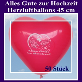 Große 45 cm Herzluftballons in Rot, Alles Gute zur Hochzeit, 50 Stück