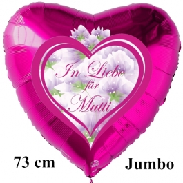 In Liebe für Mutti. Luftballon in Herzform aus Folie, pinkfarben, mit Helium zum Muttertag