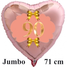 Großer Herzluftballon aus Folie, Rosegold, zum 90. Geburtstag, Rosa-Gold