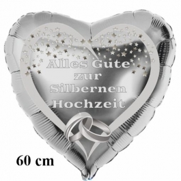 Alles Gute zur Silbernen Hochzeit, großer Herzluftballon aus Folie in Silber