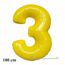 Zahl 3 Gelb, großer Luftballon aus Folie