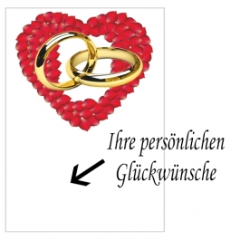 Grußkarte mit Herz aus Rosenblättern und Eheringen zur Hochzeit