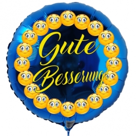 Gute Besserung mit Smileys, runder, blauer Luftballon, 45 cm, ohne Helium