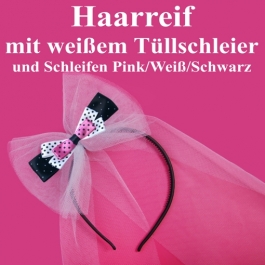 Haarreife mit Tüllschleier und Schleifen Pink-Weiß-Schwarz