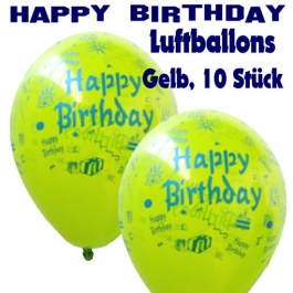 Happy Birthday Motiv Luftballons, Latexballons zum Geburtstag, 10 Stück, Gelb