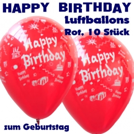 Happy Birthday Motiv Luftballons, Latexballons zum Geburtstag, 10 Stück, Rot