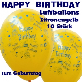 Happy Birthday Motiv Luftballons, Latexballons zum Geburtstag, 10 Stück, Zitronengelb