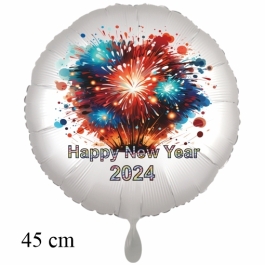 Rundluftballon in weiss aus Folie zu Silvester und Neujahr, Happy New Year, Silvesterdeko