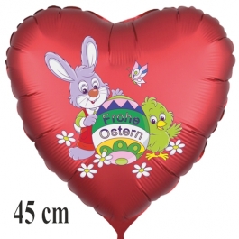 Satinroter Helium Luftballon zu Ostern, Osterhase mit Osterei, Osterküken und Schmetterling