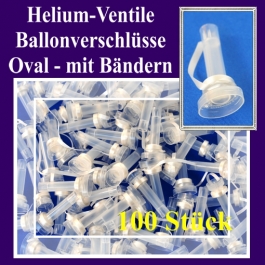 Helium-Ventile, Ballonverschlüsse oval mit Ballonbändern für Luftballons von 25 cm bis 33 cm, 100 Stück