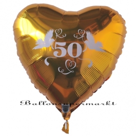 Herzballon aus Folie, 50 Gold, mit Ballongas Helium, Dekoration Goldene Hochzeit