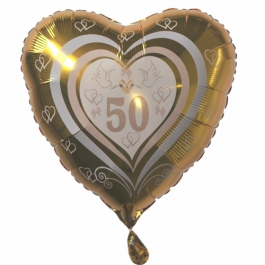 Herzluftballon aus Folie, Goldene Hochzeit, Zahl 50, Tauben, Ringe, Herzen