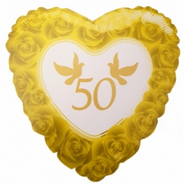 Herzluftballon aus Folie, Zahl 50, Rosen und Tauben, inklusive Ballongas Helium, Dekoration Goldene Hochzeit