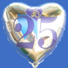 Herzluftballon aus Folie in Silber, Trauringe im Herz, Zahl 25, zur Silbernen Hochzeit inklusive Helium Ballongas