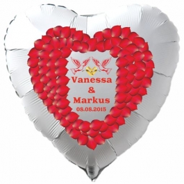 Luftballon zur Hochzeit, Herzballon aus Folie inklusive Helium mit den Namen von Braut und Bräutigam und Datum des Hochzeitstages, weiß mit Herz aus roten Rosenblättern