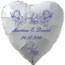 Luftballon zur Hochzeit, Herzballon aus Folie inklusive Helium mit den Namen von Braut und Bräutigam und Datum des Hochzeitstages, weiß mit blauen Ornamenten