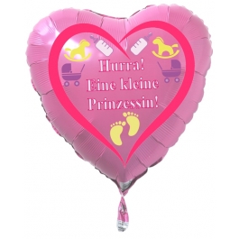 Herzluftballon Rosa aus Folie mit Helium zu Geburt und Taufe, Baby Party: Hurra! Eine kleine Prinzessin!