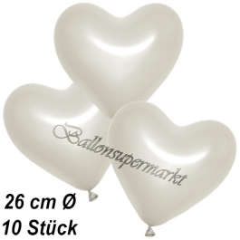 Metallic Herzluftballons, 26 cm, Perlweiß, 10 Stück