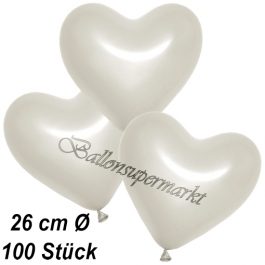 Metallic Herzluftballons, 26 cm, Perlweiß, 100 Stück