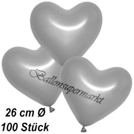 Metallic Herzluftballons, 26 cm, Silber, 100 Stück