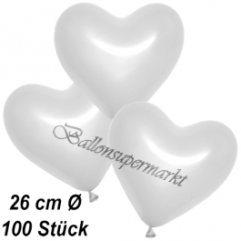 Metallic Herzluftballons, 26 cm, Weiß, 100 Stück