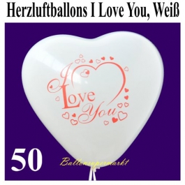 Herzluftballons I Love You, Weiß, 30 cm, 50 Stück