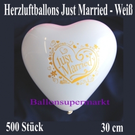 Herzluftballons Just Married, weiß, 30 cm, 500 Stück