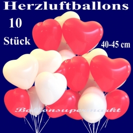 Herzluftballons groß, 40-45 cm, Rot und Weiß, Luftballons aus Latex in Herzform, 10 große rote und weiße Herzballons