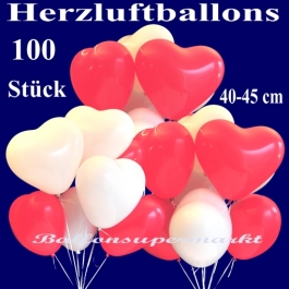 Herzluftballons groß, 40-45 cm, Rot und Weiß, Luftballons aus Latex in Herzform, 100 große rote und weiße Herzballons