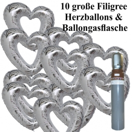 Ballons Helium Set Hochzeit, 10 große filigrane Herzballons aus Folie, weiß-silber, mit Ballongasflasche