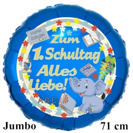 Hurra Schule! Zum 1. Schultag Alles Liebe! 70 cm grosser, blauer Luftballon mit Ballongas Helium gefüllt zur Einschulung, zum Schulanfang