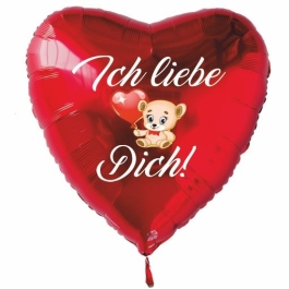 Ich liebe dich, Herzluftballon aus Folie mit Luftballon-Bärchen inklusive Helium
