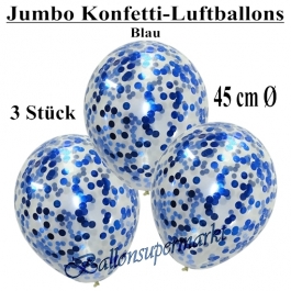 Jumbo Konfetti-Luftballons 45 cm, Transparent mit blauem Konfetti gefüllt, 3 Stück