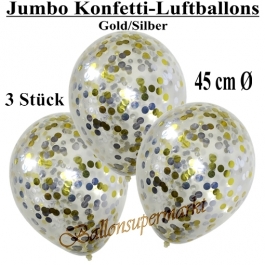 Jumbo Konfetti-Luftballons 45 cm, Transparent mit goldenem und silbernem Konfetti gefüllt, 3 Stück