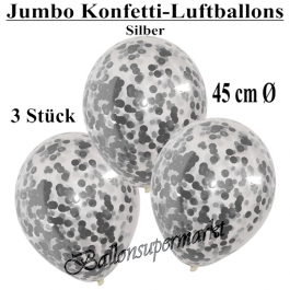 Jumbo Konfetti-Luftballons 45 cm, Transparent mit silbernem Konfetti gefüllt, 3 Stück