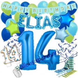 Personalisiertes Dekorations-Set mit Ballons zum 14. Geburtstag, Happy Birthday Blau, 38 Teile