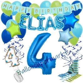 Personalisiertes Dekorations-Set mit Ballons zum 4. Geburtstag, Happy Birthday Blau, 38 Teile