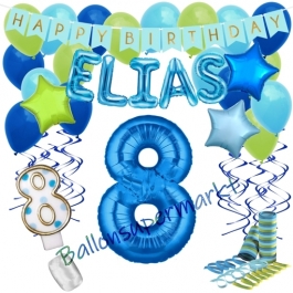 Personalisiertes Dekorations-Set mit Ballons zum 8. Geburtstag, Happy Birthday Blau, 38 Teile
