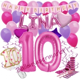 Personalisiertes Dekorations-Set mit Ballons zum 10. Geburtstag, Happy Birthday Pink, 38 Teile