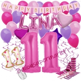 Personalisiertes Dekorations-Set mit Ballons zum 11. Geburtstag, Happy Birthday Pink, 38 Teile