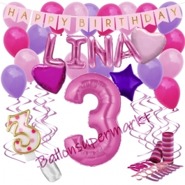 Personalisiertes Dekorations-Set mit Ballons zum 3. Geburtstag, Happy Birthday Pink, 38 Teile
