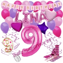 Personalisiertes Dekorations-Set mit Ballons zum 9. Geburtstag, Happy Birthday Pink, 38 Teile