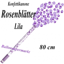 Konfettikanone mit lilafarbene Rosenblättern, Rosenrengen