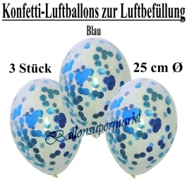 Konfetti-Luftballons 25 cm, Kristall, Transparent mit blauem Konfetti gefüllt, 3 Stück