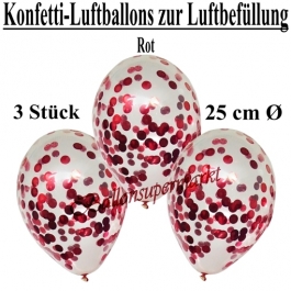 Konfetti-Luftballons 25 cm, Kristall, Transparent mit rotemem Konfetti gefüllt, 3 Stück