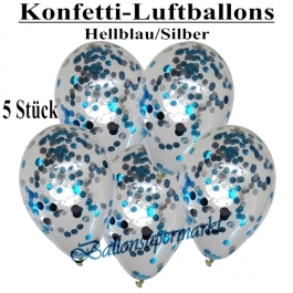 Konfetti-Luftballons 30 cm, Kristall, Transparent mit hellblauem und silbernem Konfetti gefüllt, 5 Stück