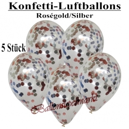 Konfetti-Luftballons 30 cm, Kristall, Transparent mit roségoldenem und silbernem Konfetti gefüllt, 5 Stück