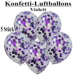 Konfetti-Luftballons 30 cm, Kristall, Transparent mit violettem Konfetti gefüllt, 5 Stück