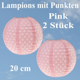 2er Set Lampions 20 cm, Pink mit weißen Punkten